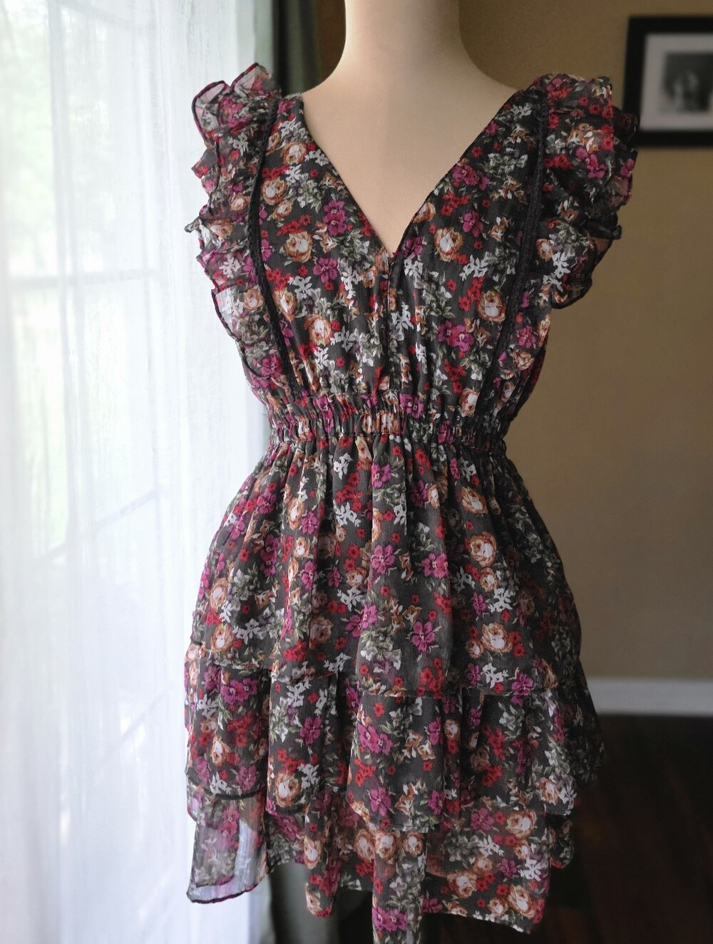 Dark Floral Ruffle Smocked Mini Dress Tiered Romantic Cottagecore Impeccable Pig